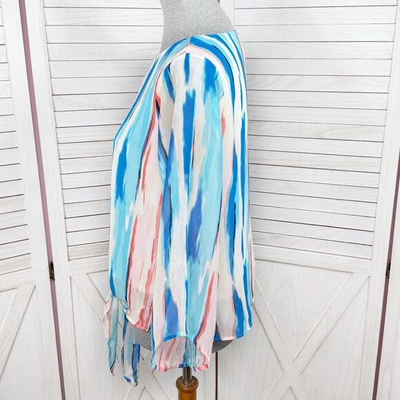 J.T.B. Paint Stroke Print Tie Front Bell Sleeve Blouse White Blue Petite Medium - Picture 2 of 13
